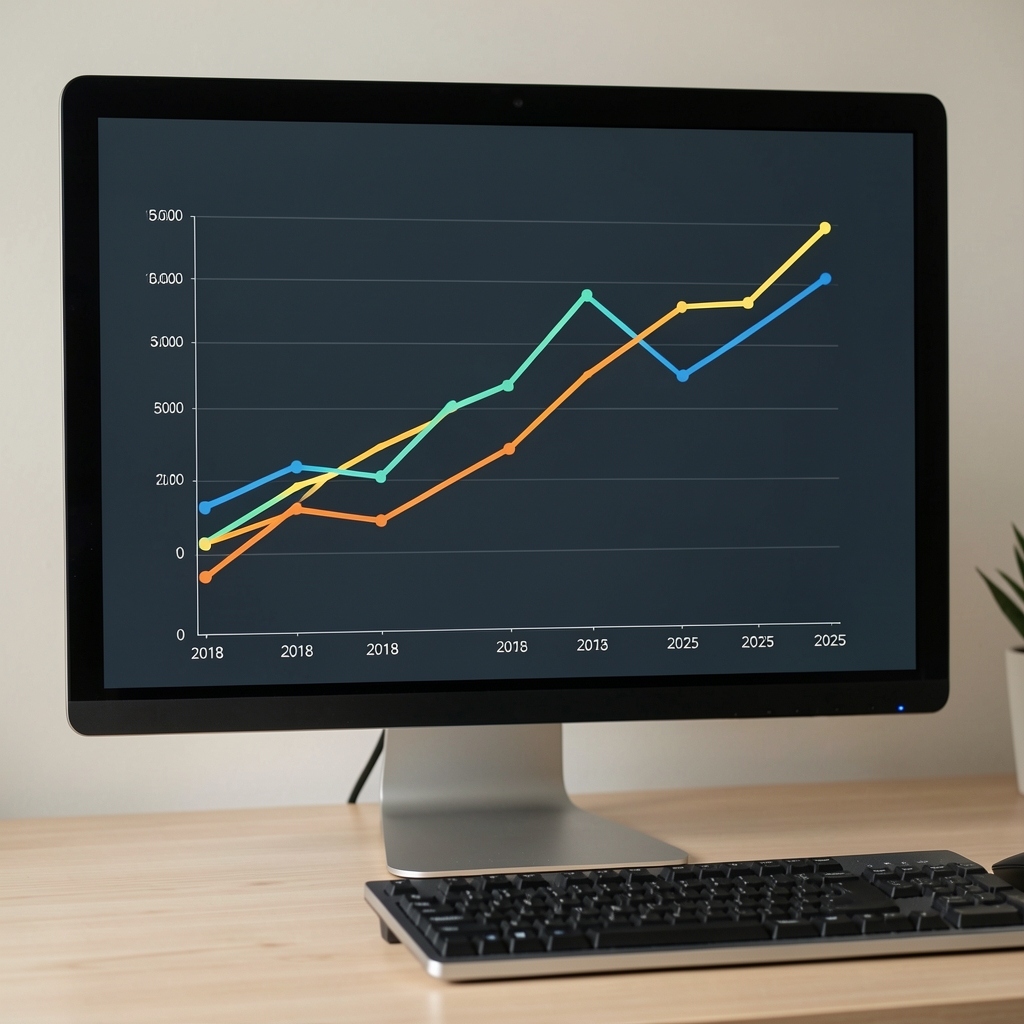Grafička vizualizacija podataka o konzumaciji digitalnih medija — linije trendova na ekranu monitora prikazuju rast mobilnog čitanja vesti u Srbiji između 2018. i 2025. godine